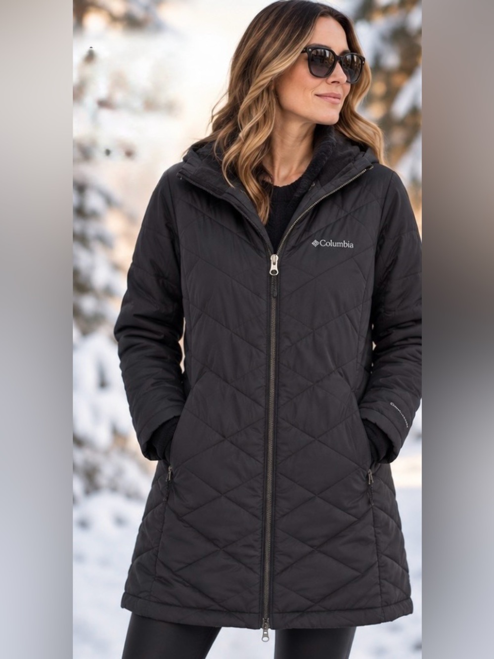 Columbia Omni-Heat Long Quilted Hooded Coat Black XL